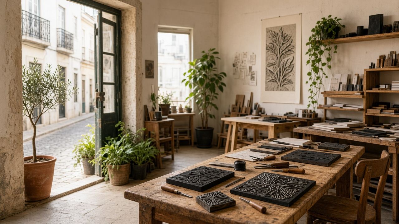 Printmaking / linocut studio full-bleed at Olivebloom Atelier